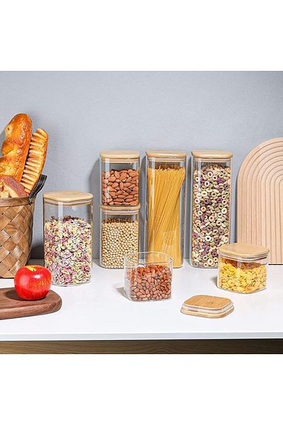 AKDC Set of 6 Square Glass Jars (2x500ML + 2x1000ML + 2x1500ML) with Airtight Bamboo Lids