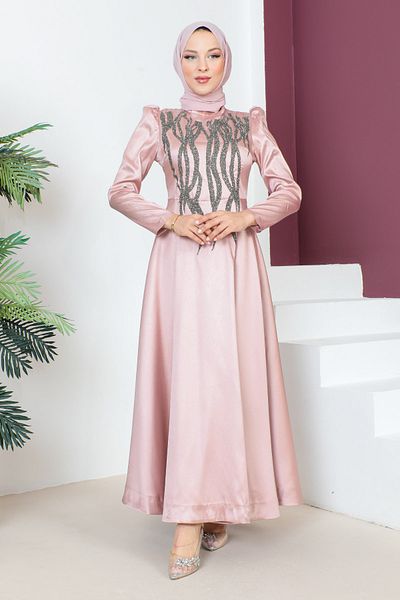 Tesettür Dünyası Abendkleid mit Paillettendetail auf der Vorderseite TSD230634 Puder
