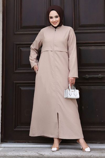 Tesettür Dünyası Pat Detaillierter Reißverschluss Ferace TSD240212 Beige