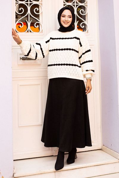 Tesettür Dünyası Ecru Knitwear Tunic - Houndstooth Patterned and Striped TSD240707