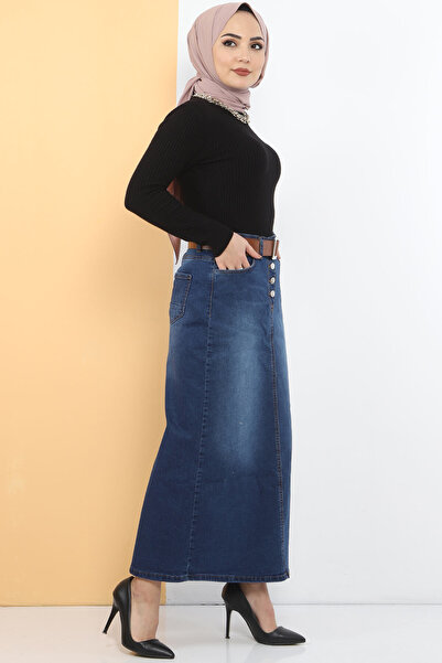 Tesettür Dünyası Belted Denim Skirt TSD231015 Dark Blue