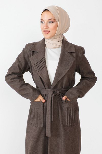 Tesettür Dünyası معطف الكاجو بحزام الخصر TSD230804 بني