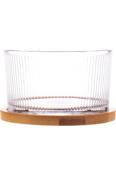 AKDC Glass Bowl W/Bamboo Base L(9CM) XW(9CM) XH(6CM) transparent