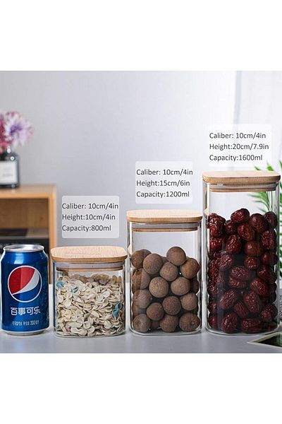 AKDC 3 Square Glass Jars (800ML + 1200ML + 1600ML) with Airtight Bamboo Lids for Kitchen Storage