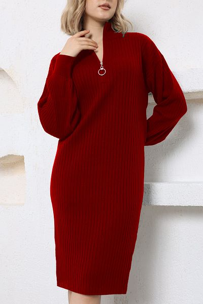 VEGENZE Rochie de tricot lungă roșie cu fermoar jumătate de pescar pentru femei