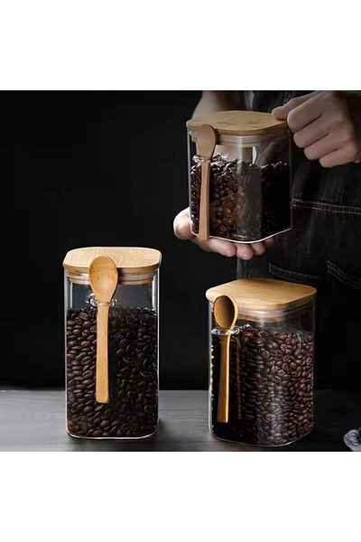 AKDC Pack of 3 Rectangular Glass Jars (800ML) with Wooden Lids & Spoon – Airtight  Containers
