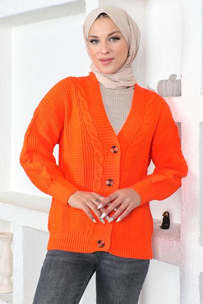 Tesettür Dünyası Cardigan tricot cu model tricot portocaliu - Tsd 230225
