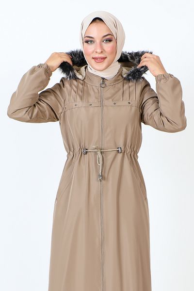 Tesettür Dünyası Full Length Coat with Lace Front TSD231012 Mink