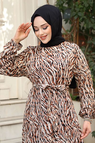 Tesettür Dünyası Φόρεμα Hijab με ελαστικό μανίκι με σχέδιο Zebra TSD240322