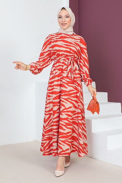 Tesettür Dünyası Kleid mit Zebramuster TSD230624 Orange