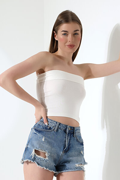 Endies Strapless Madonna Collar Crop Bustier - Sleeveless Body Wrap 21922 Ecru