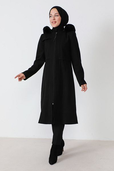 Tesettür Dünyası Patch Detaillierter Stempelmantel TSD230812 Schwarz