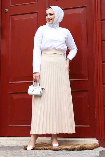 Tesettür Dünyası Faltenrock mit elastischer Taille TSD240217 Creme