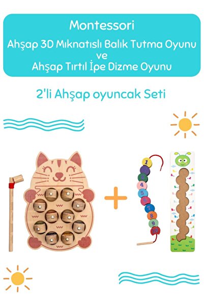 Hopiers Montessori 3 Boyutlu Ahşap  Balık Tutma Oyunu + Montessori Ahşap Tırt...