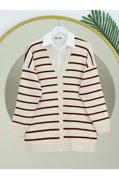 Modamorfo Beige Striped V-Neck Sweater Cardigan - Buttoned