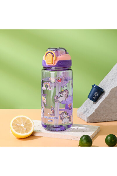 Choice زجاجة مياه محمولة على شكل حيوان كرتوني أرجواني 600 مل مع قفل أمان وكوب...