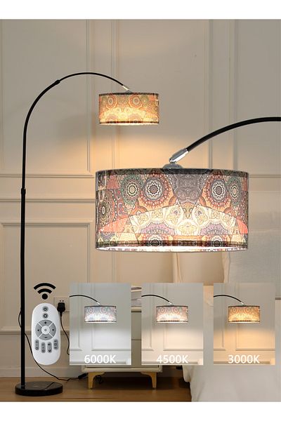 X SPRING مصباح أرضي بطباعة هندسية مع جهاز تحكم عن بعد وإضاءة LED ثلاثية الألوان - مصباح قابل للتعديل لغرفة المعيشة