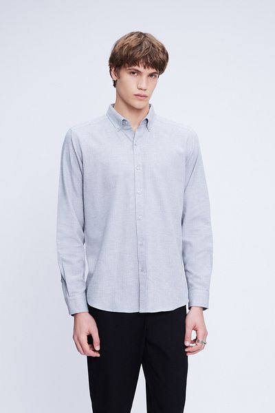 Hatemoğlu Γκρι Slim Fit Μακρυμάνικο Πουκάμισο Φανελένιο γιακά με Κουμπιά