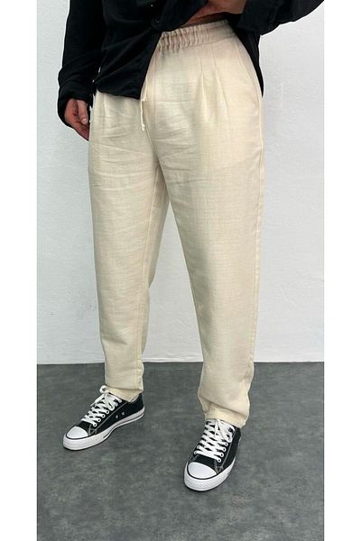 çerme Ανδρικό κρεμ Boyfriend Παντελόνι από λινό Relaxed Cut Double Leg Jogger