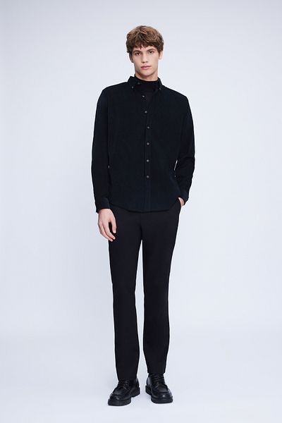 Hatemoğlu Μαύρο Slim Fit 100% βαμβακερό γιακά με κουμπιά μακρυμάνικο κλασικό πουκάμισο