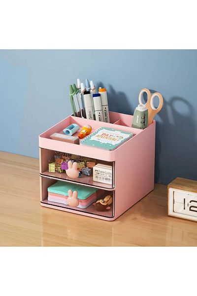 Choice Pink 1PC 2-layer Cartoon Creative Pen Holder Transparent Drawer Rabbit Storage Box Children's Girls