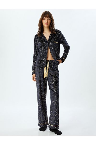 Koton Glitzernde, mit Sternen bedruckte, gerade Fleece-Pyjamahose mit weitem Bein
