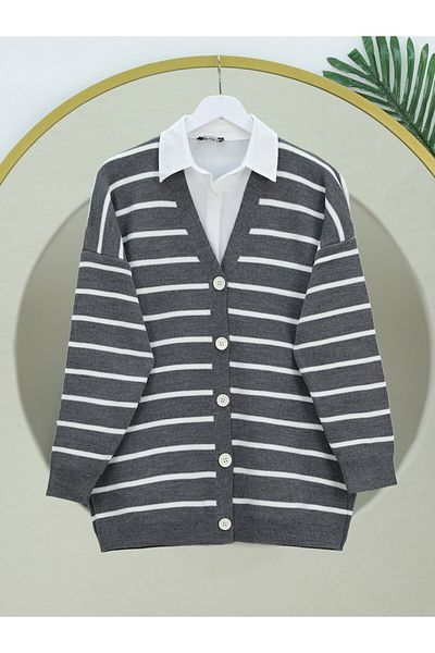 Modamorfo Smoked V-Neck Striped Knitwear Cardigan - Buttoned