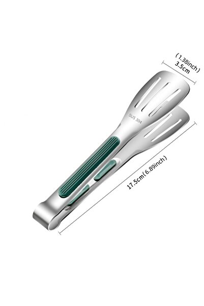 Choice 17.5cm Green Silver Non-Slip Stainless Steel Food Tongs Meat Salad Bread Serving Clip Barbecue Grill