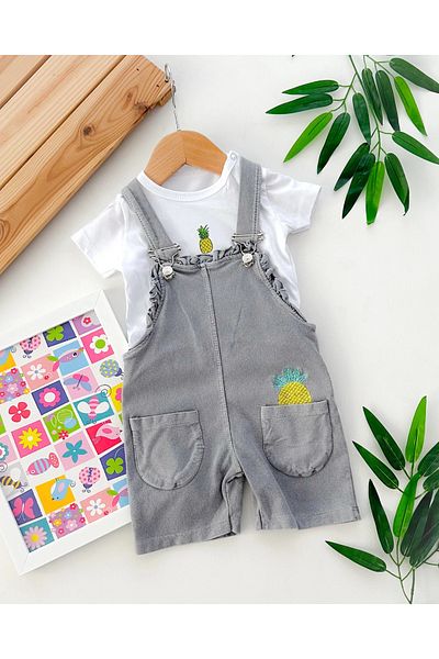 hümabebe Pineapple Detailed Bag Pocket Knitted Denim Fabric Summer Salopette Set