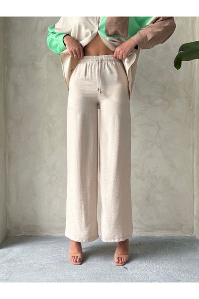 Miss Allos Women's Lace Detailed High Waist Linen Pants with Elastic Waist and Double Pockets