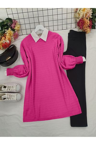 Modamorfo Balloon Sleeve Zigzag Patterned Knitwear Tunic - Fuchsia