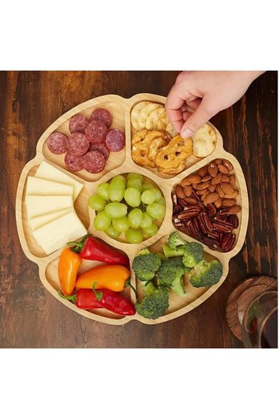 MAVİ TREND Wooden Presentation Rack - 7 Compartment Natural Wooden Breakfast Plate - Wooden Snack Bowl