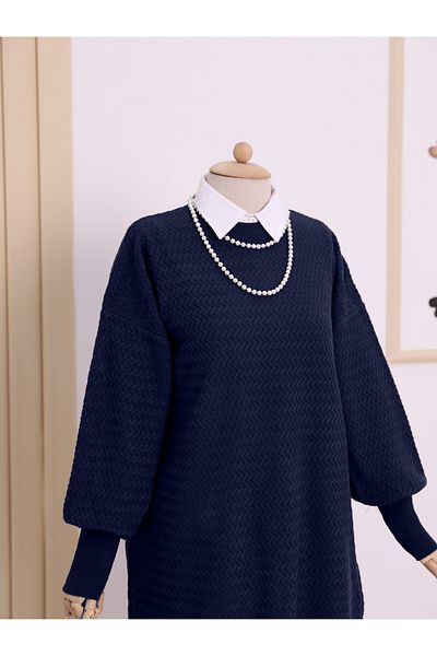 Modamorfo Zigzag Pattern Balloon Sleeve Knitwear Tunic and Navy