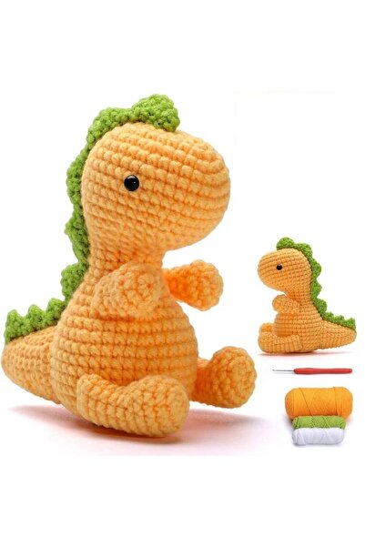 Choice زينة دمية على شكل ديناصور برتقالية من فنري مصنوعة يدويًا من صوف الكروشيه المحبوك
