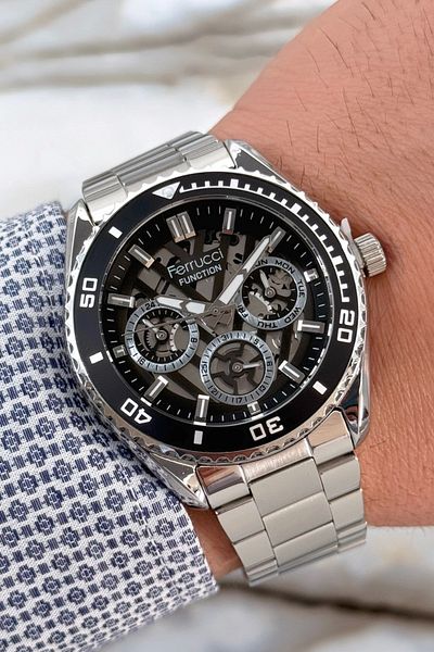 Ferrucci Function 3 Atm Black Silver Steel Strap & Case Men's Wristwatch Bracelet Zmfer094