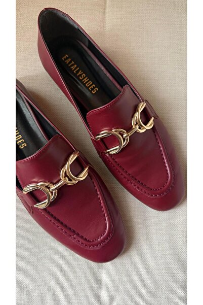 Eataly Shoes Gold Toka Detaylı Yuvarlak Kalıp Dikişli Kadın Babet Bordo