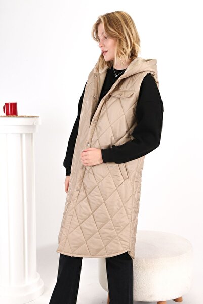 sehatex Women's Long Snap Closure Hooded Quilted Puffer Vest