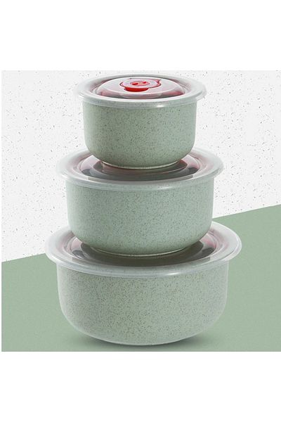 Choice 3pcs Green 3pcs Wheat Straw Fresh-keeping Bowl Three-piece Set With Lid For Home Microwaveable Plast