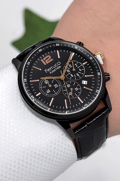 Ferrucci Function Leather Cord Men's Wristwatch 3 Atm- Black with Bracelet Gift Zmfer163