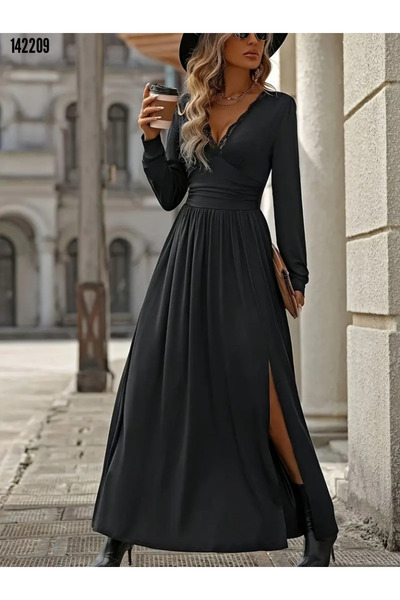 JANES Kadın Uzun Kollu v Dantel Yakalı Yırtmaçlı Uzun Sandy Elbise