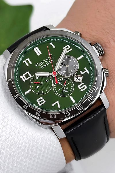 Ferrucci Men's Wristwatch - Function Leather Cord - 3 Atm Bracelet Green-Black Zmfer167