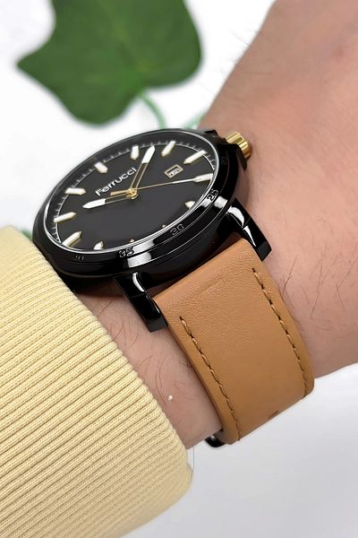 Ferrucci Men's Wrist Watch - Leather Band with Calendar, 3 Atm Water Resistant, Tan Zmfer164
