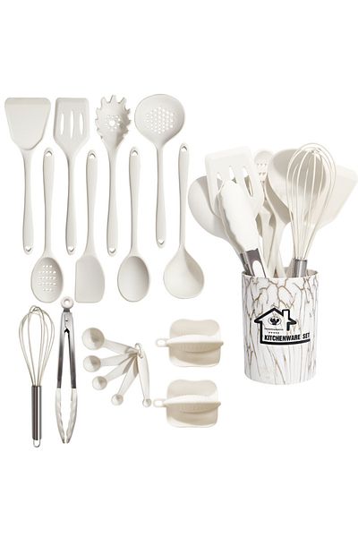 Choice White Pink 18Pcs Food Grade Silicone Kitchen Cookware Utensils Turner Spatula Measuring Spoon Practi