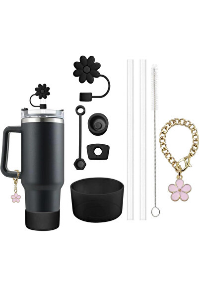 Choice مجموعة إكسسوارات سوداء مكونة من 9 قطع، 3 سدادات مانعة للانسكاب، زهور، ...