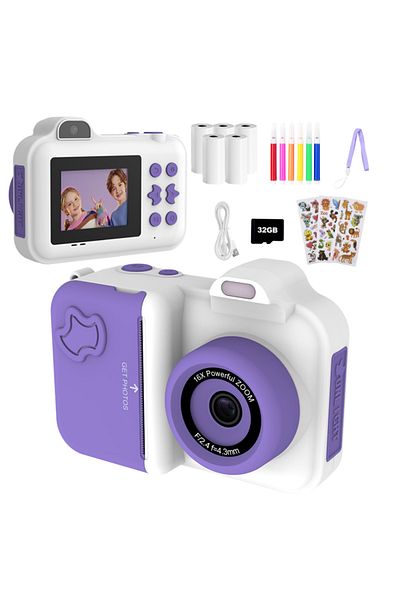 Choice White Purple Instant Print Camera For Kids Mini Digital Video Camera Dual Lens Photo Printing Therma
