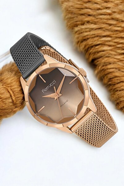 Ferrucci Steel Mesh Cord Steel Case Women's Wristwatch with 3 Atm Waterproof Rose-Black Zmfer170