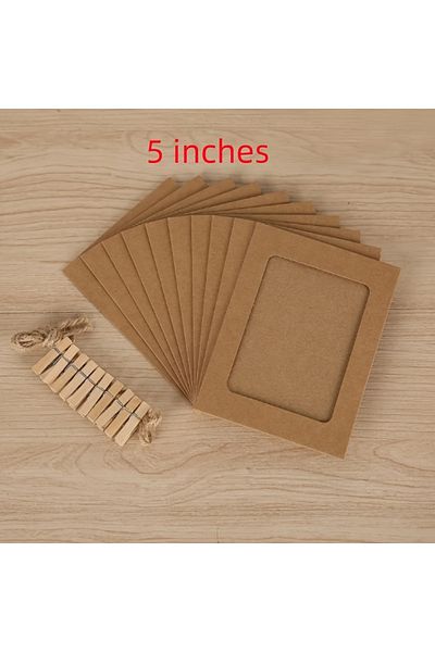 Choice Brown-5 Inches 10pcs Photo Cardboard Picture Frame, Diy Paper Photo Frame With Wooden Clips, Wall De