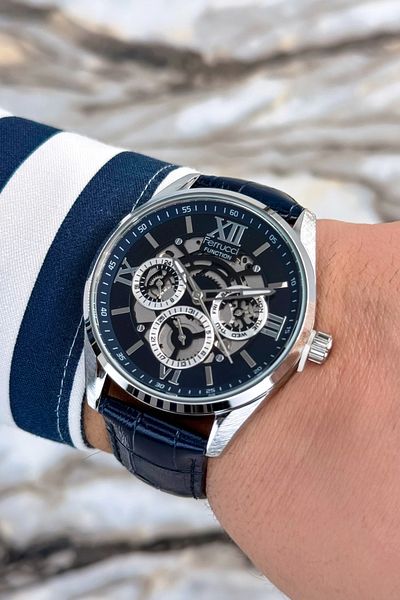 Ferrucci Navy Leather Cords with Roman Numerals Men Wristwatch Functino Zmfer078 Steel Case