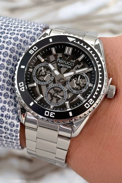 Ferrucci Function 3 Atm Black Silver Steel Strap & Case Men's Wristwatch Bracelet Zmfer094