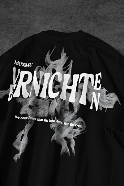Slatra Men's Black Vernichten Embossed Printed Oversize Tshirt